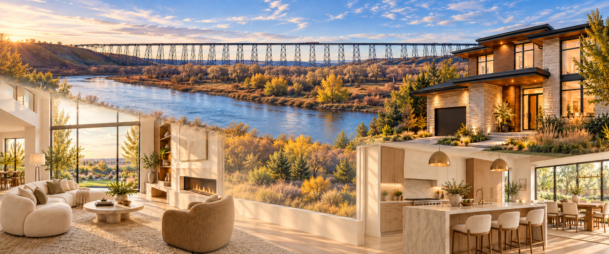 AI-composited High Level Bridge-inspired panorama surrounded by illustrative homes