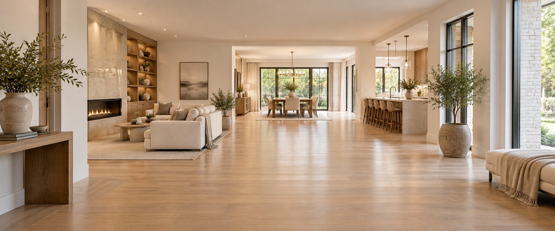 AI-generated illustration of an airy open-plan interior with a deep room perspective; not an actual listing